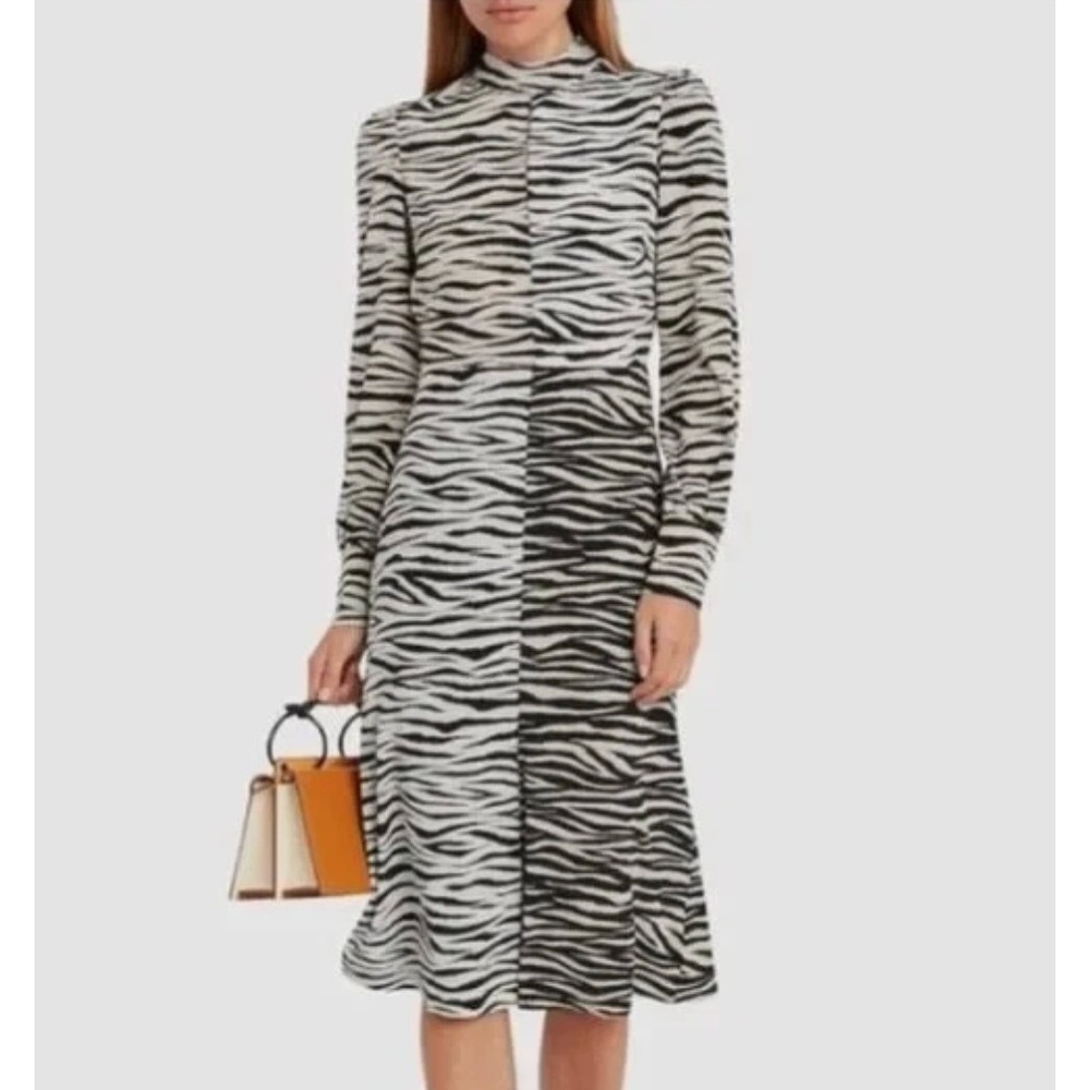 A.L.C. Kennedy Zebra Print Silk Midi Dress Size 8 Black White Keyhole Mock Neck